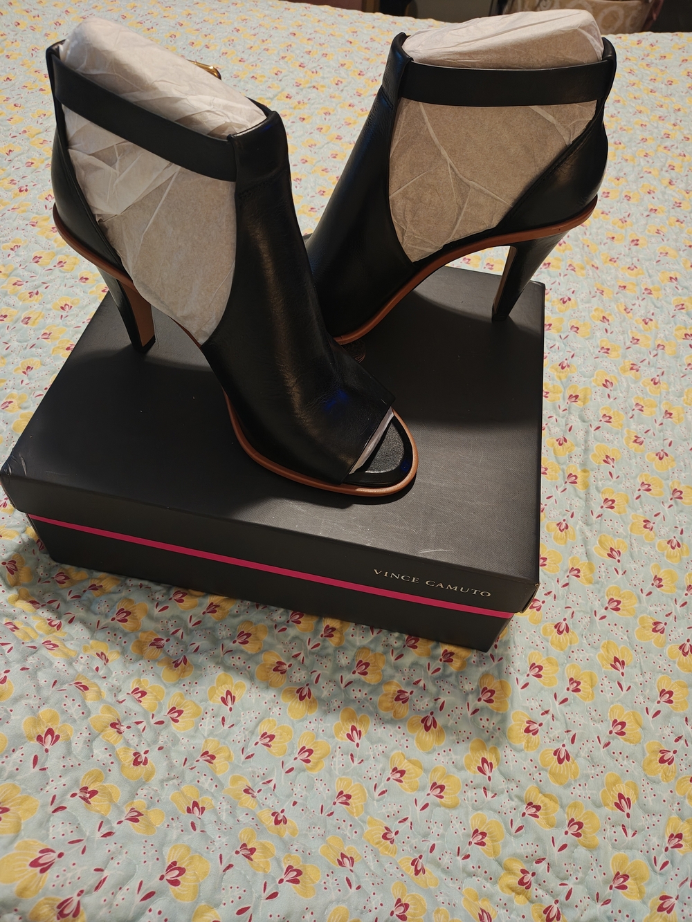 Vince Camuto Black Leather Peep-Toe Stiletto Booties